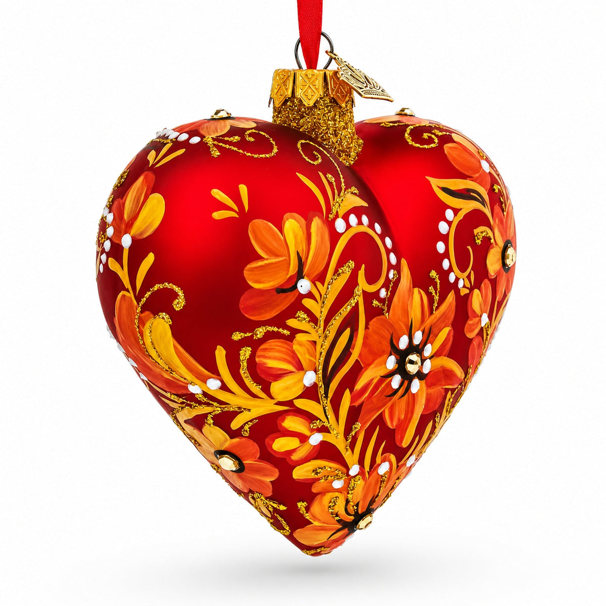 Red Floral Baroque Jeweled Glass Heart Ornament