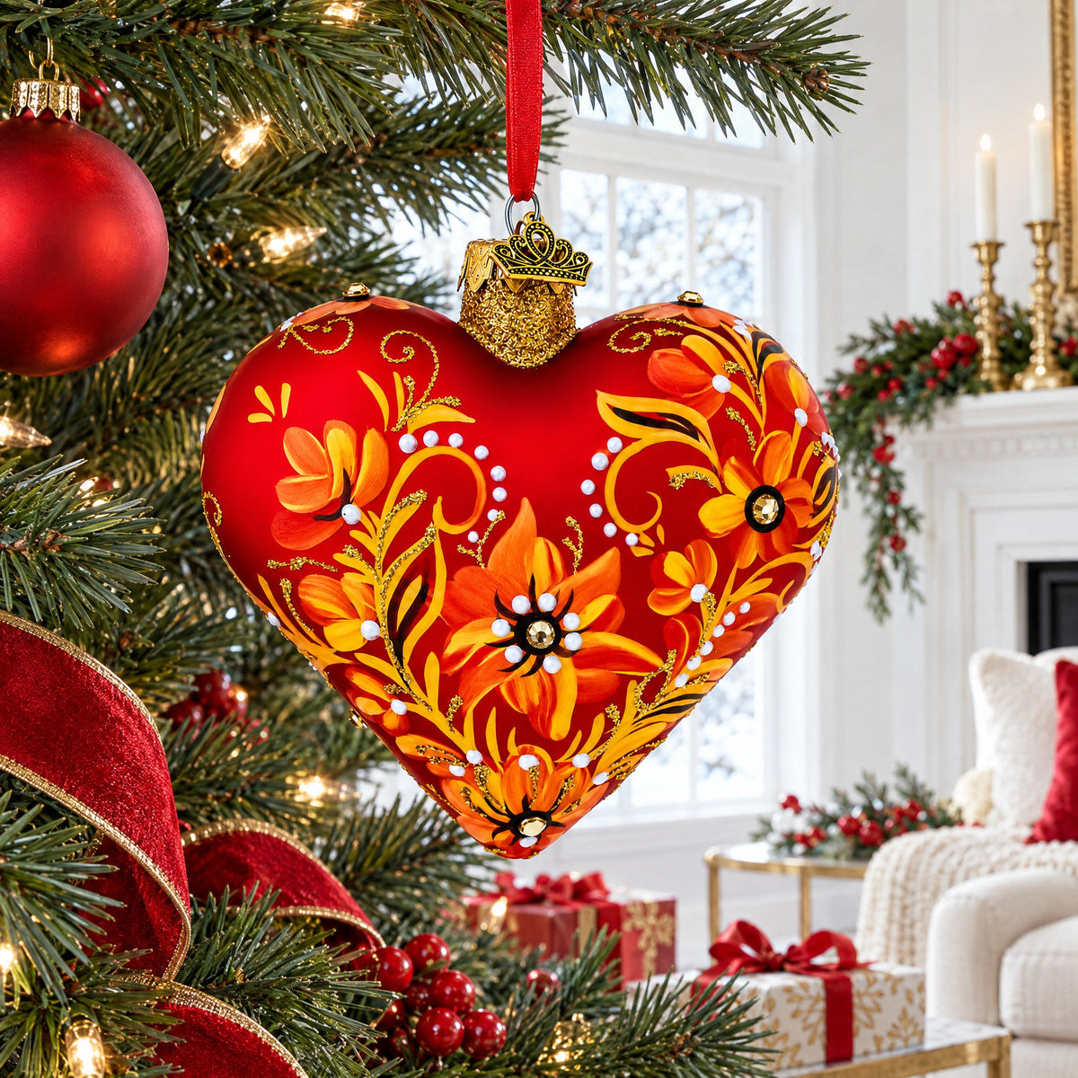 Red Floral Baroque Jeweled Glass Heart Ornament