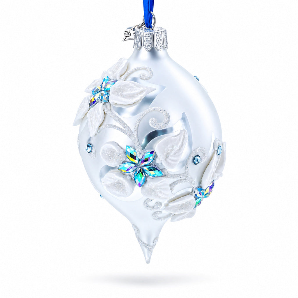 Vintage Style White and Blue Reflector Pointed Teardrop Finial Glass Christmas Ornament