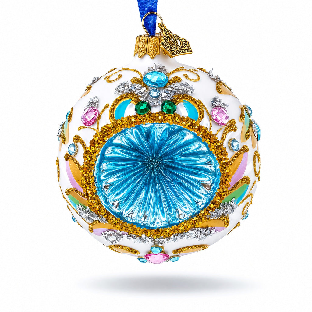 Retro Style White and Gold Reflector with Glitter, Gems & Indent Center Glass Christmas Ornament
