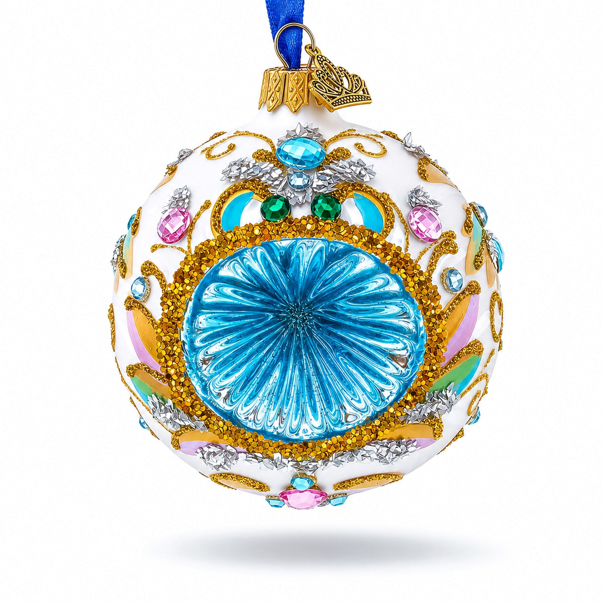 Retro Style White and Gold Reflector with Glitter, Gems & Indent Center Glass Christmas Ornament