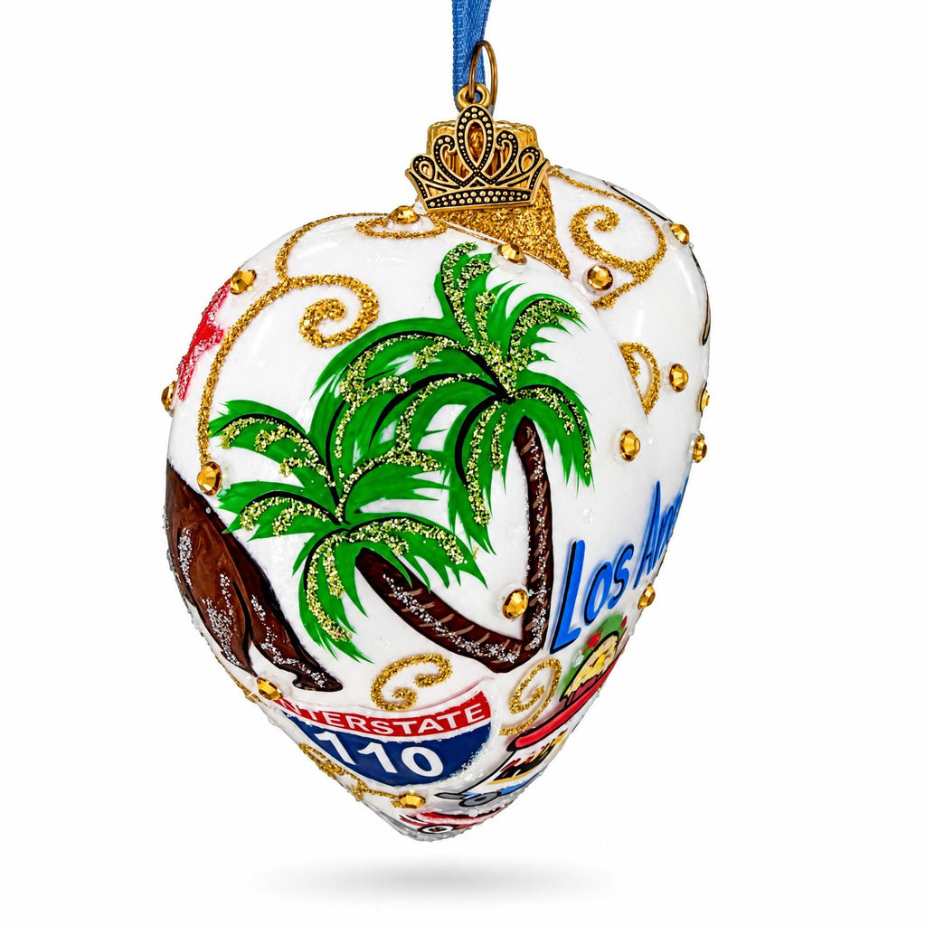 Los Angeles Landmarks & Symbols Glass Heart Christmas Ornament