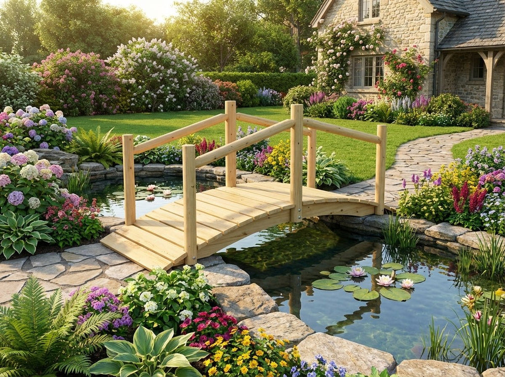 Puente rústico de madera para jardín