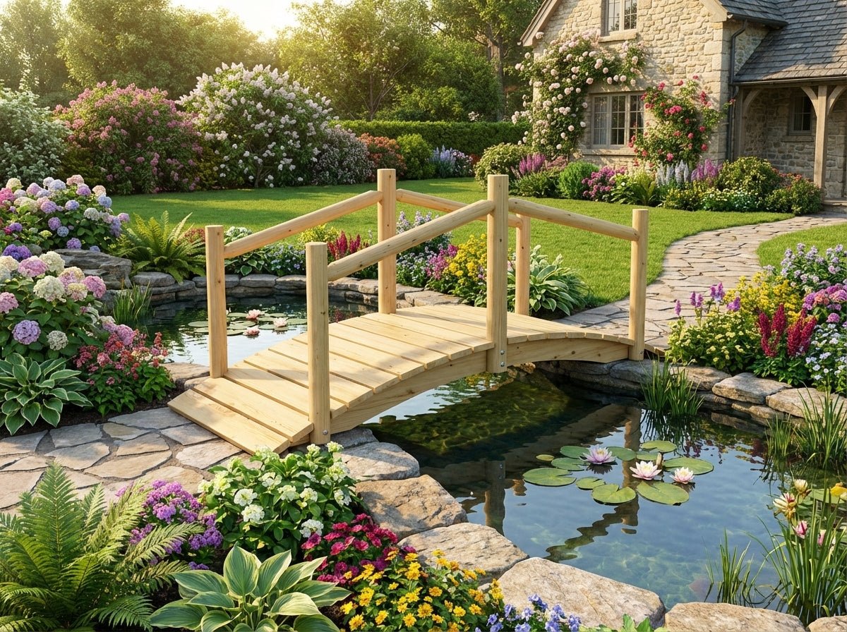 Puente rústico de madera para jardín