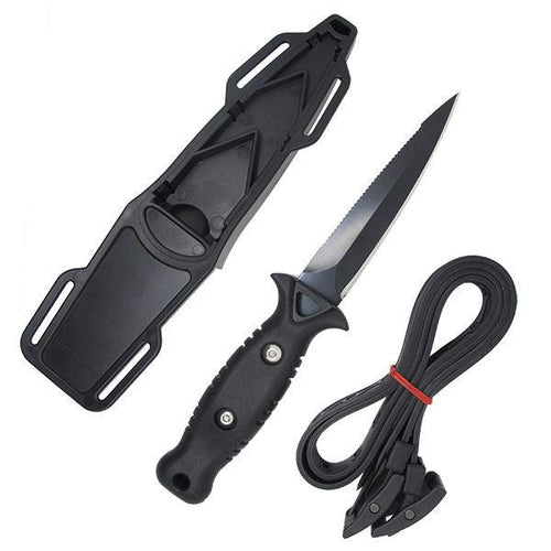 8.5" Spearfishing Low Volume Point-Tip Sharp Black Blade Dive Knife w/ Straps