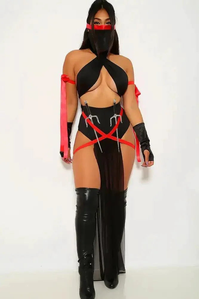 Sexy Black Red Ninja Assassin 5 Piece Halloween Costume