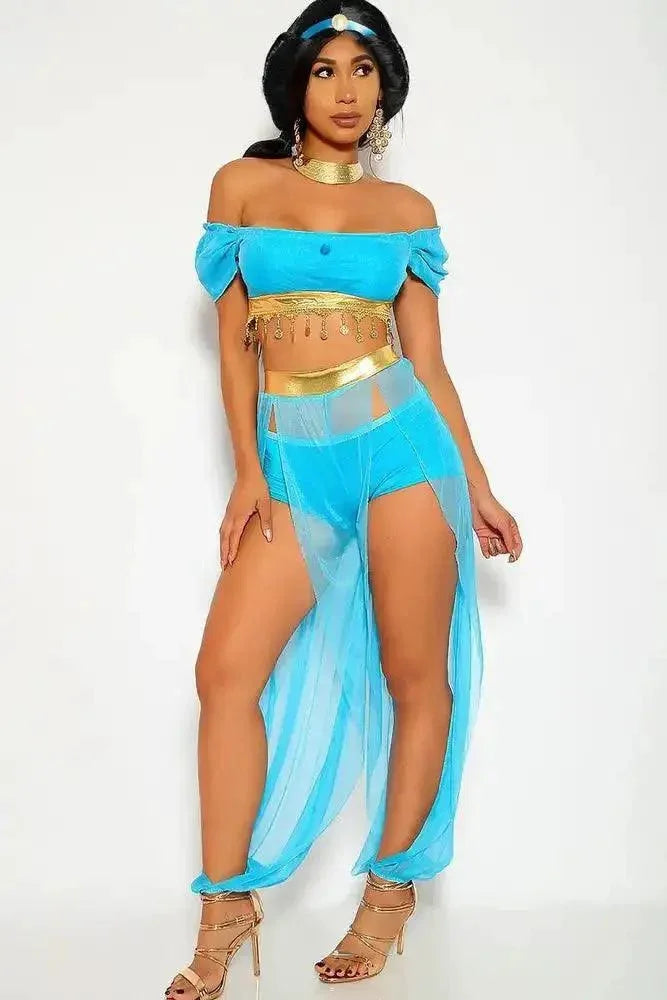Sexy Blue Gold Coins Exotic Storybook Princess J 3 Pc. Costume Set