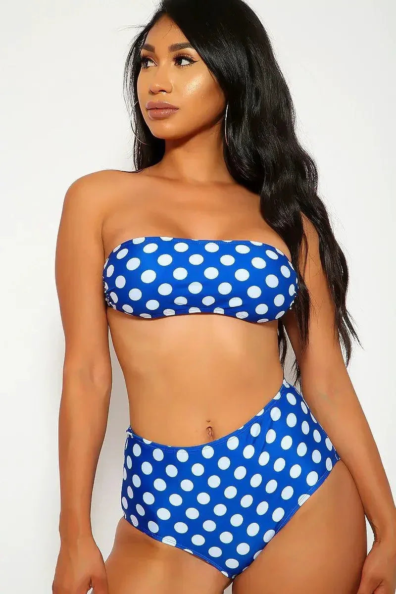 Sexy Blue Polka Dot Bandeau High Waist Two Piece Swimsuit