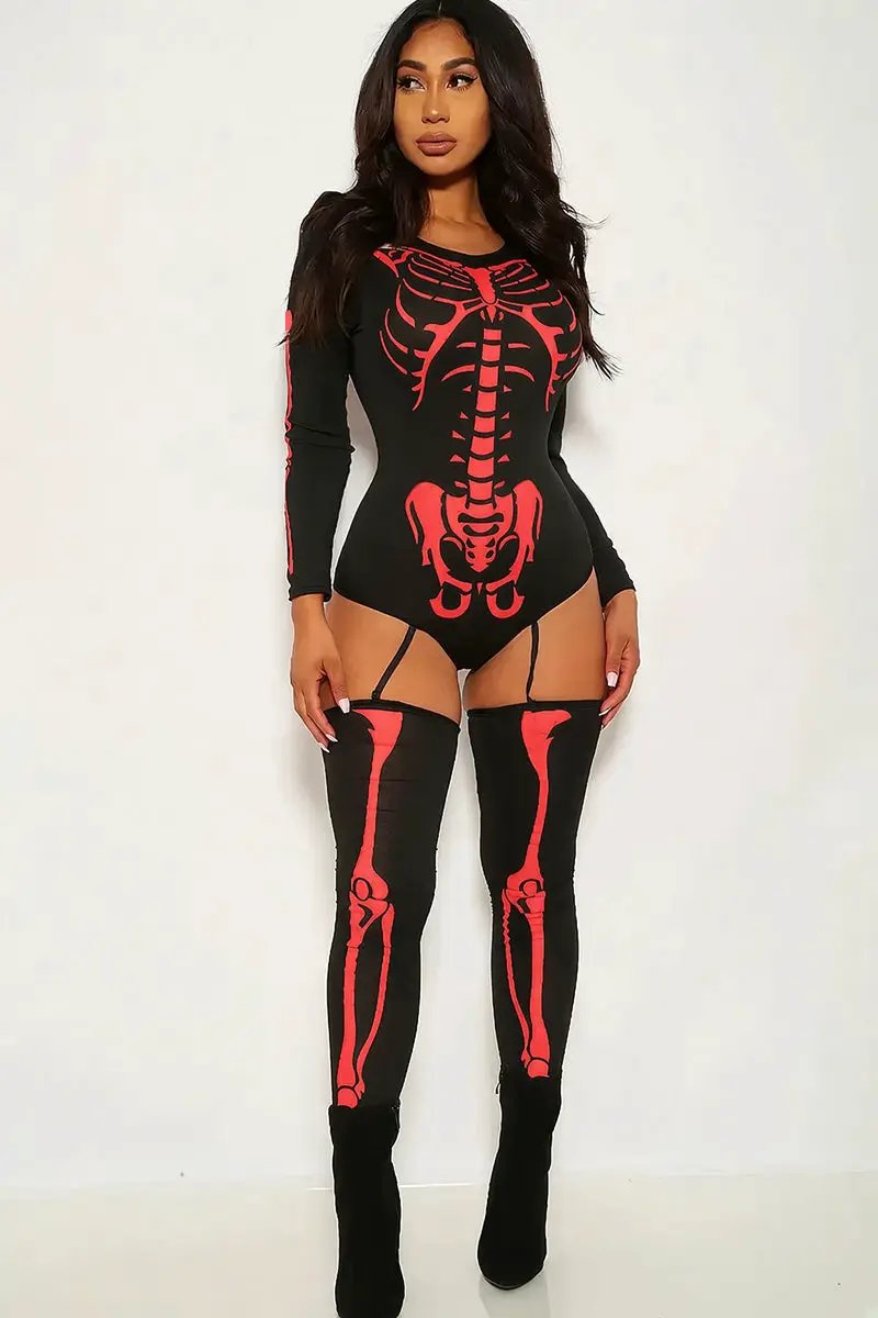 Sexy Bone-A-Fide Skeleton Black Red Long Sleeve Bodysuit 3 Pc Costume