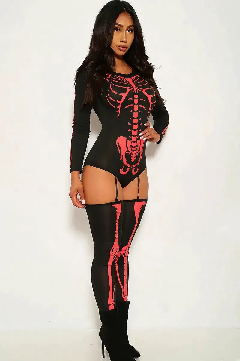 Sexy Bone-A-Fide Skeleton Black Red Long Sleeve Bodysuit 3 Pc Costume