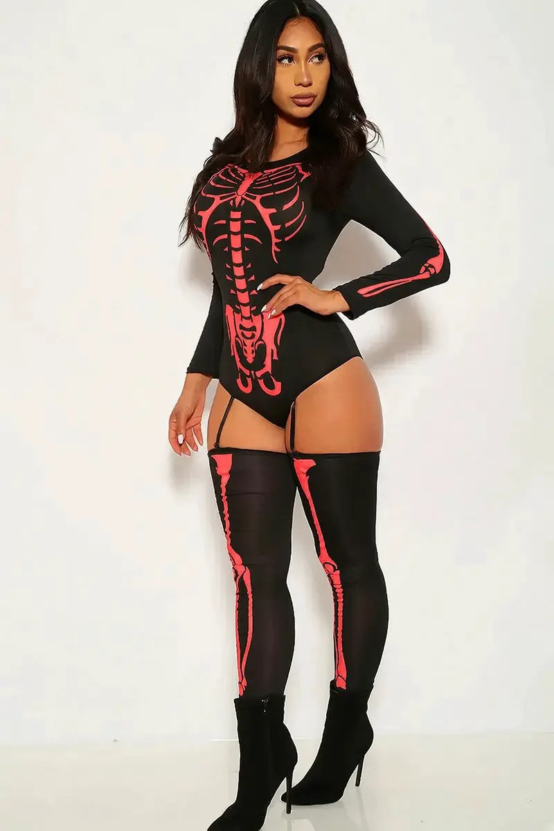 Sexy Bone-A-Fide Skeleton Black Red Long Sleeve Bodysuit 3 Pc Costume