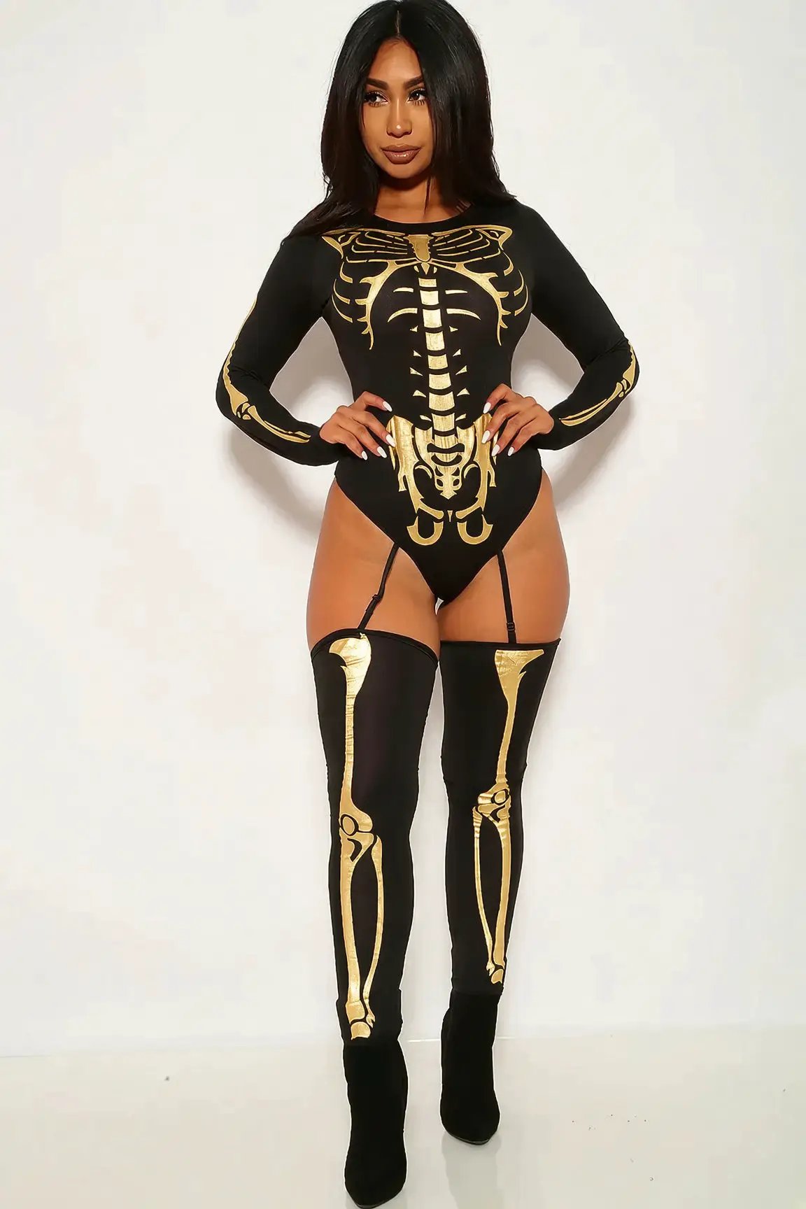 Sexy Bone-A-Fide Skeleton Black Gold Long Sleeve Bodysuit 3 Pc Costume