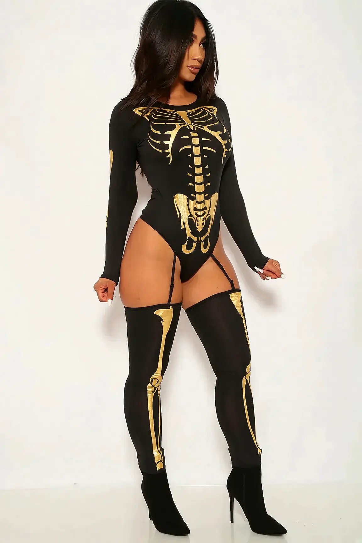 Sexy Bone-A-Fide Skeleton Black Gold Long Sleeve Bodysuit 3 Pc Costume
