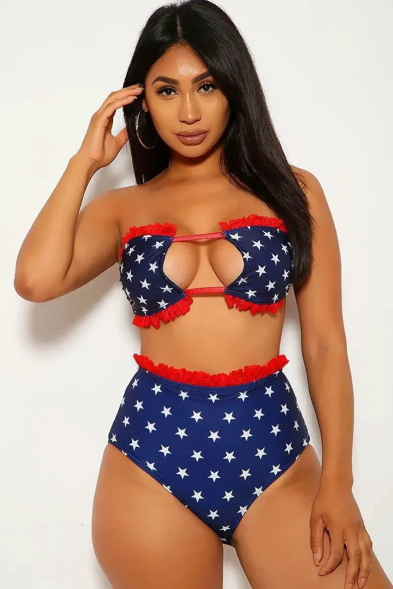 Star Print Red Lace Bandeau Two Piece Swimsuit