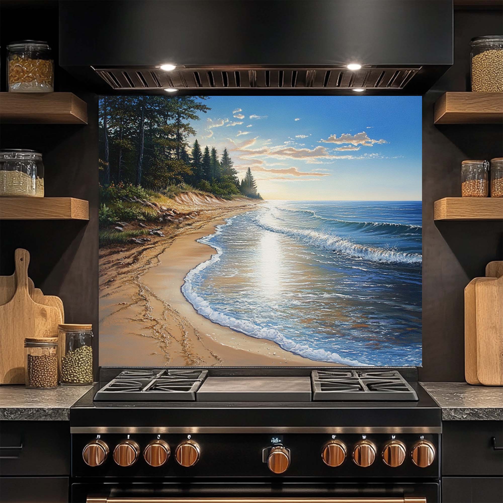 Pine Shore – Tempered Glass Backsplash for Kitchen | Coastal Pine Forest Landscape Backsplash
