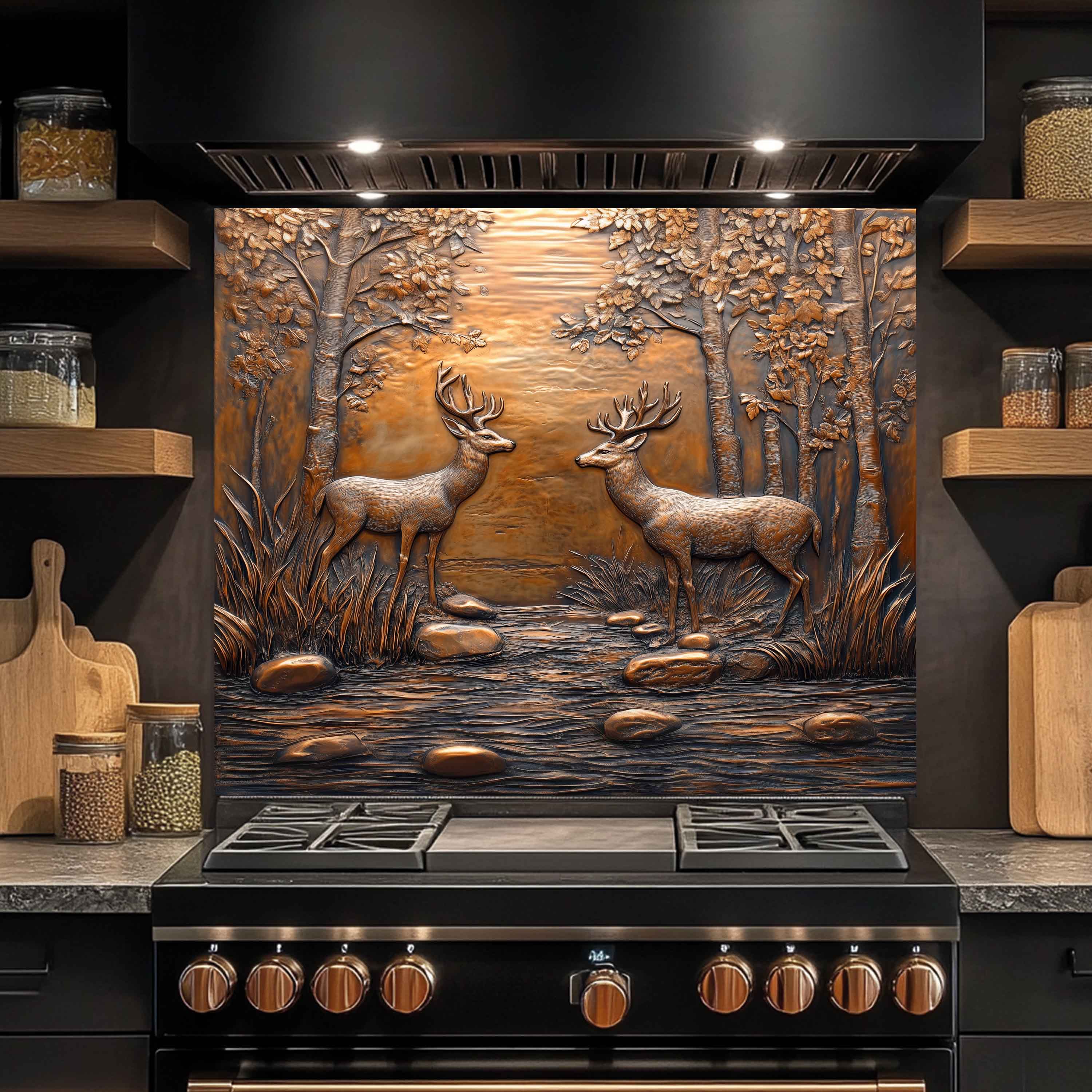 Protector contra salpicaduras de vidrio templado Encuentro en el bosque – Panel protector de cocina con escena de ciervos
