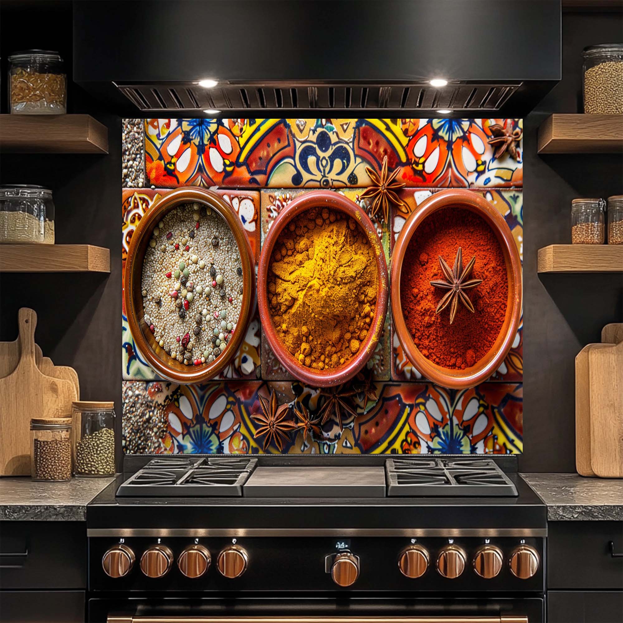 Spice Harmony – Tempered Glass Backsplash for Kitchen | Colorful Spice Bowls Backsplash