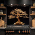 Golden Root – Tempered Glass Backsplash for Kitchen | Tree of Life in Gold Wire Style Backsplash