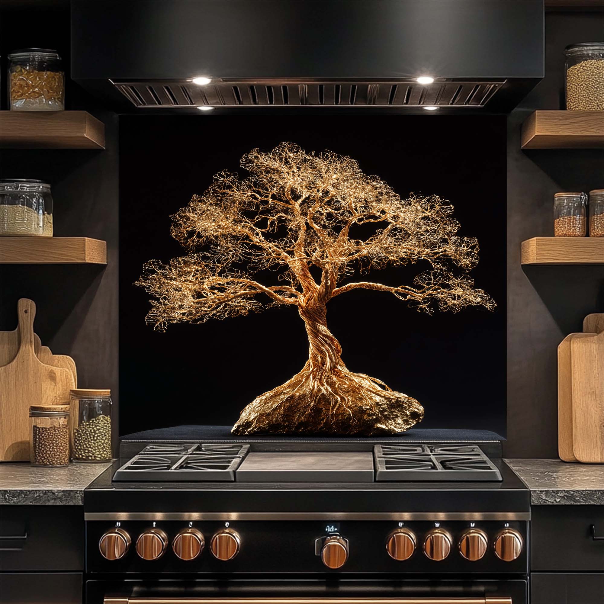 Golden Root – Tempered Glass Backsplash for Kitchen | Tree of Life in Gold Wire Style Backsplash