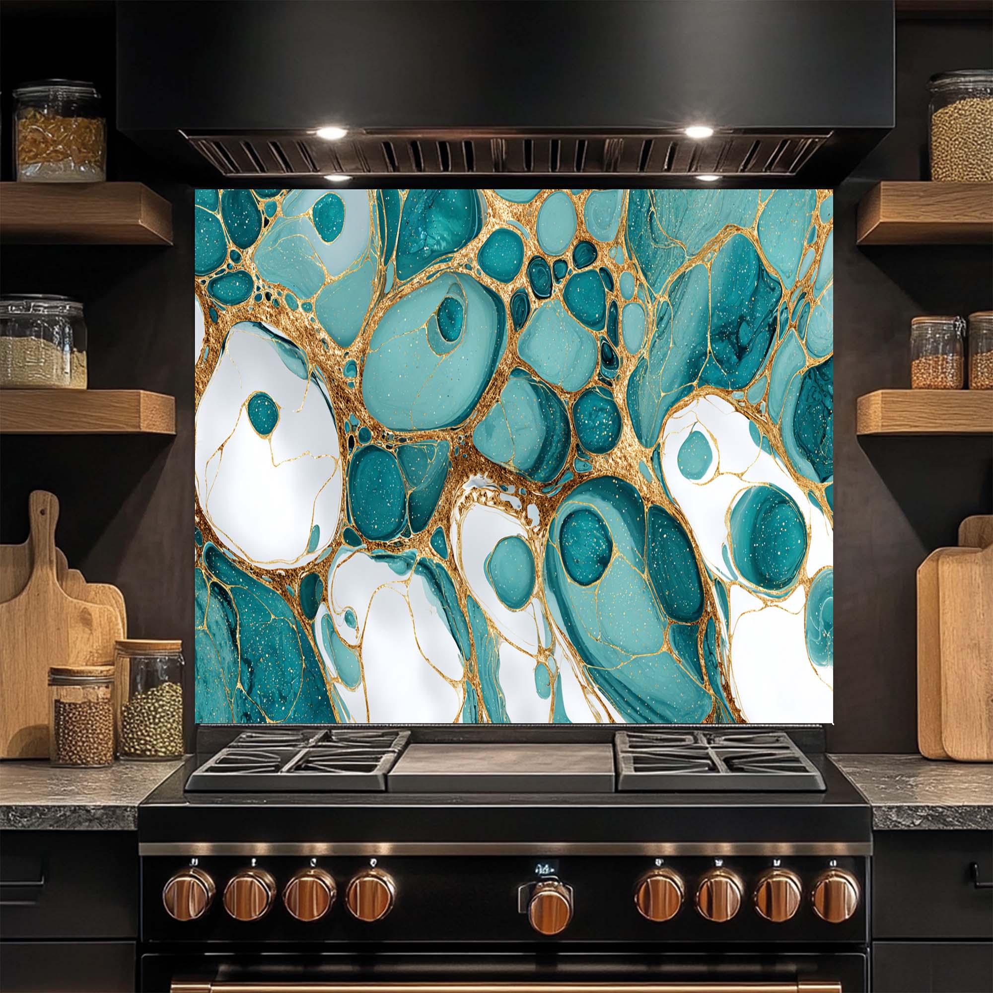 Aqua Veins - Tempered Glass Backsplash for Kitchen | Teal & Gold Fluid Backsplash