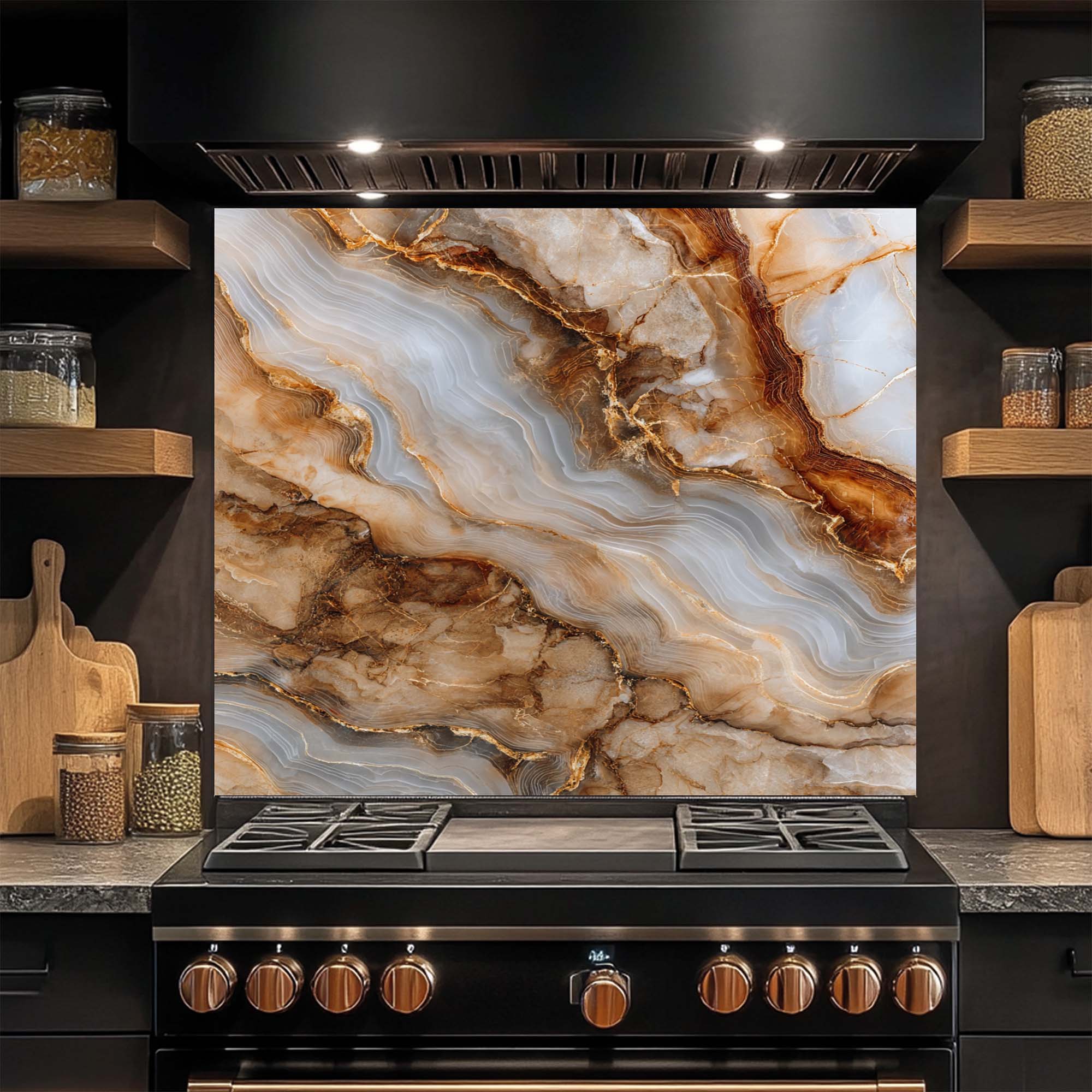 Onyx Gold – Salpicadero de cristal templado para cocina | Salpicadero con aspecto de mármol y ágata