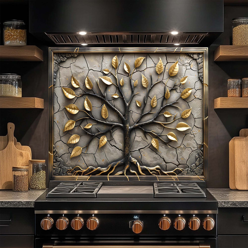 Golden Roots – Tempered Glass Backsplash for Kitchen – Tree of Life Kitchen Splashback
