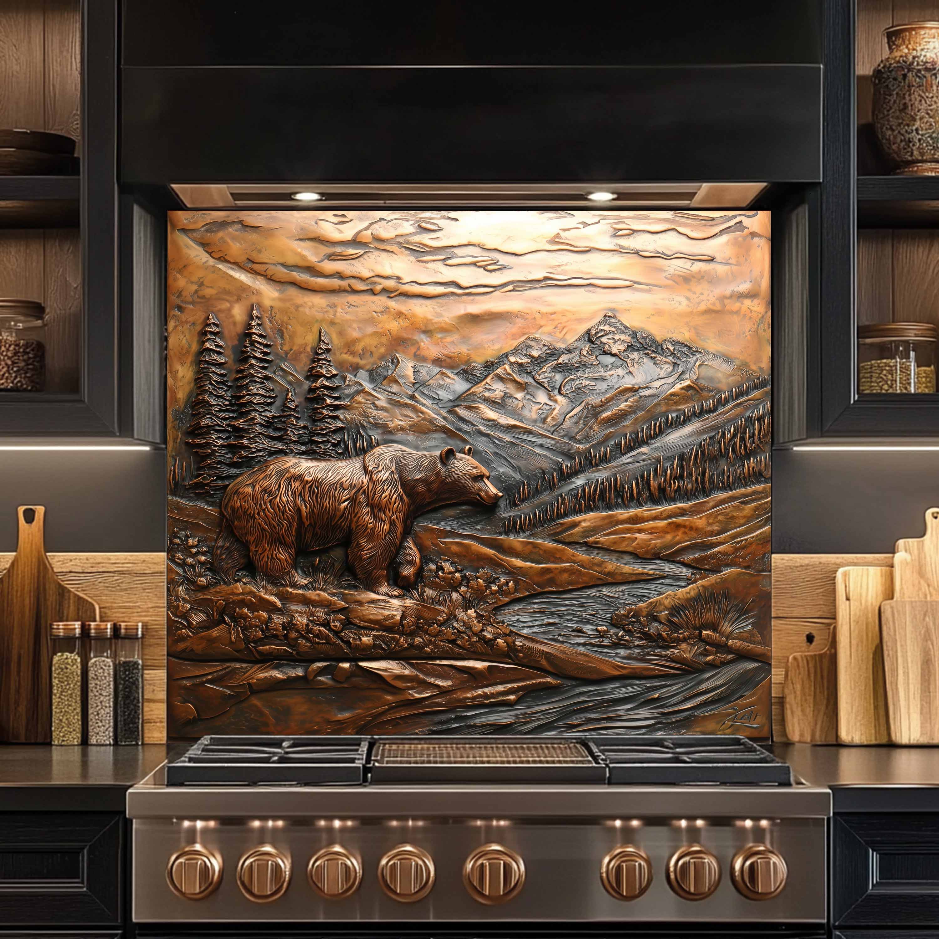 Bronze Grizzly Tempered Glass Backsplash – Mountain Bear Kitchen Backsplash Panel