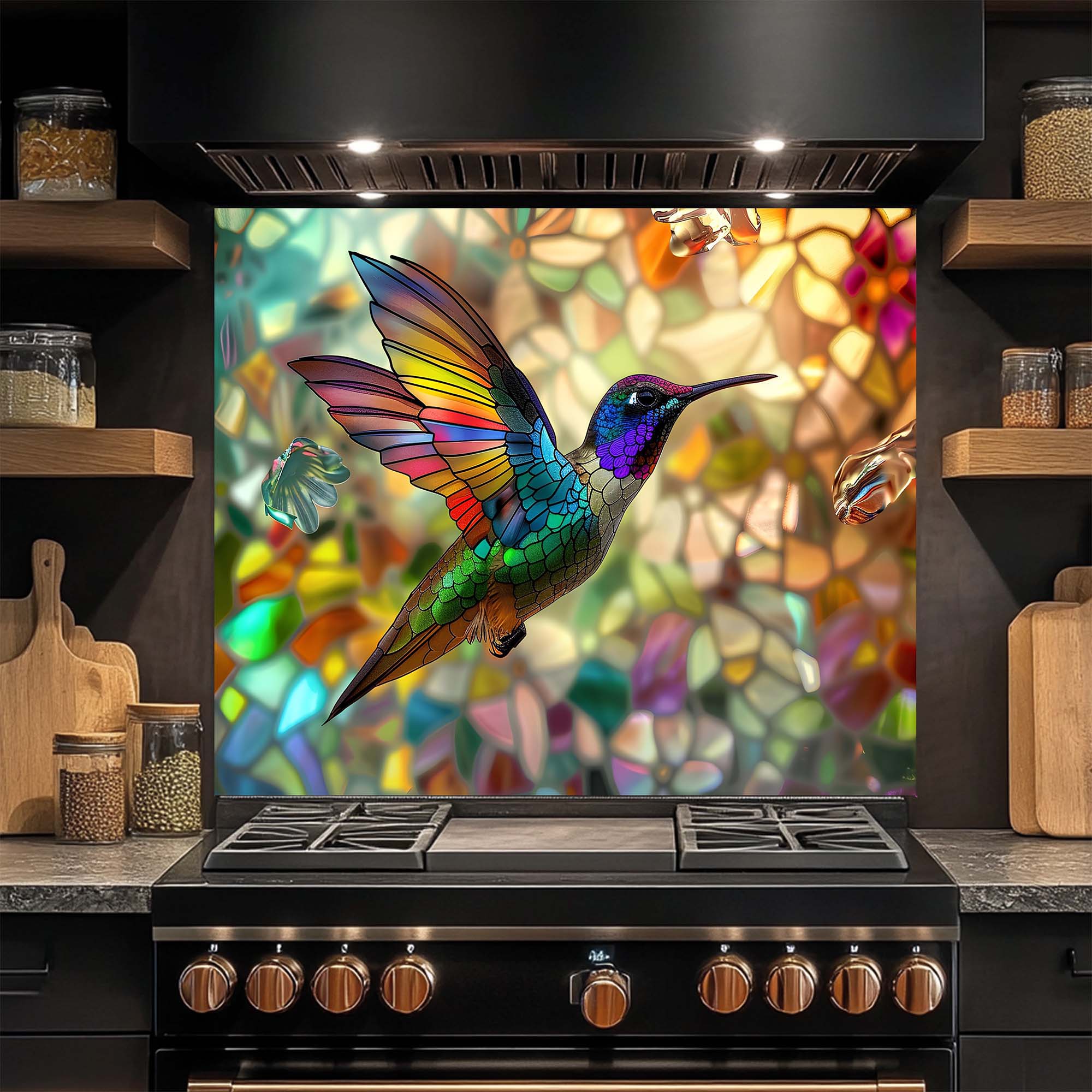 Armonía de Colibrí – Salpicadero de Cocina de Cristal Templado – Salpicadero con Aspecto de Vidriera