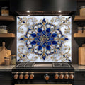 Majestic Sapphire – Tempered Glass Backsplash for Kitchen – Blue & Gold Mandala Splashback