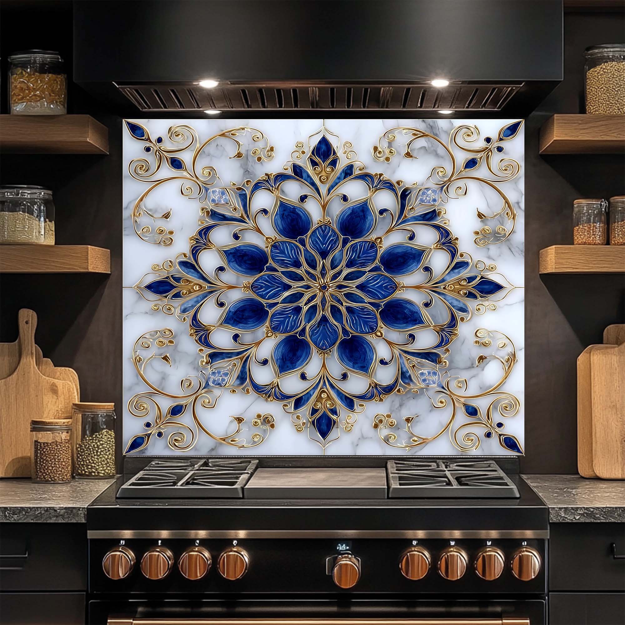 Majestic Sapphire – Salpicadero de cristal templado para cocina – Salpicadero con mandala azul y dorado