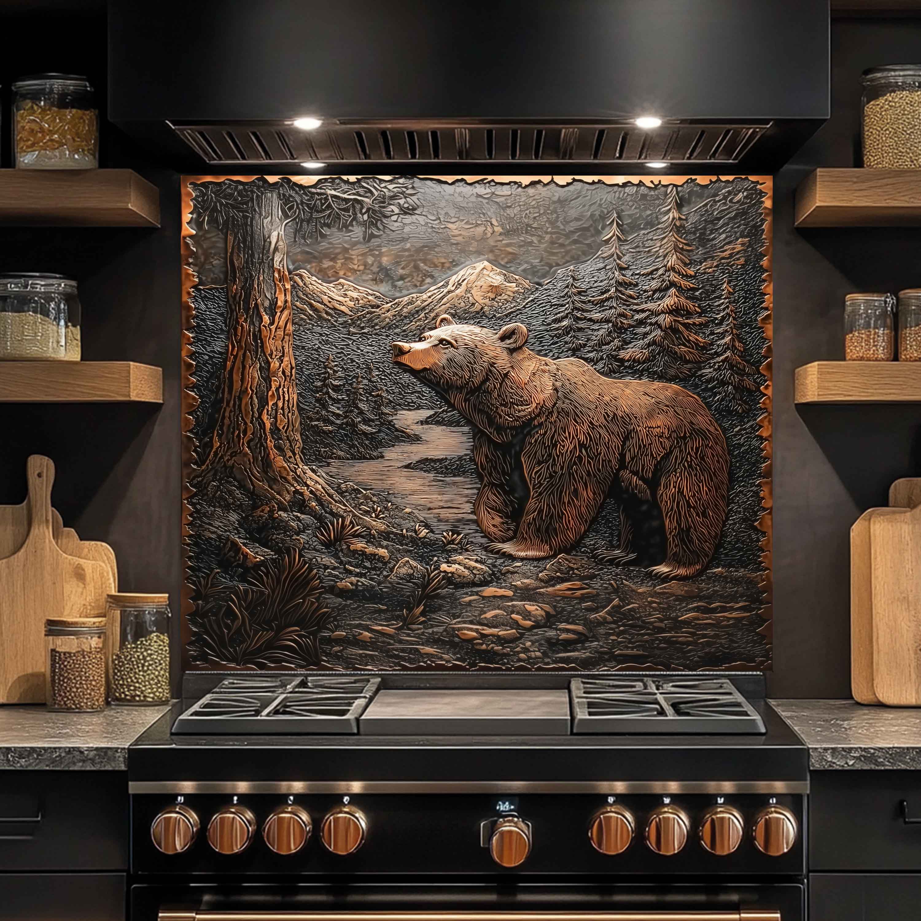 Forest Watch Tempered Glass Backsplash – Copper Bear & River Scene Splashback