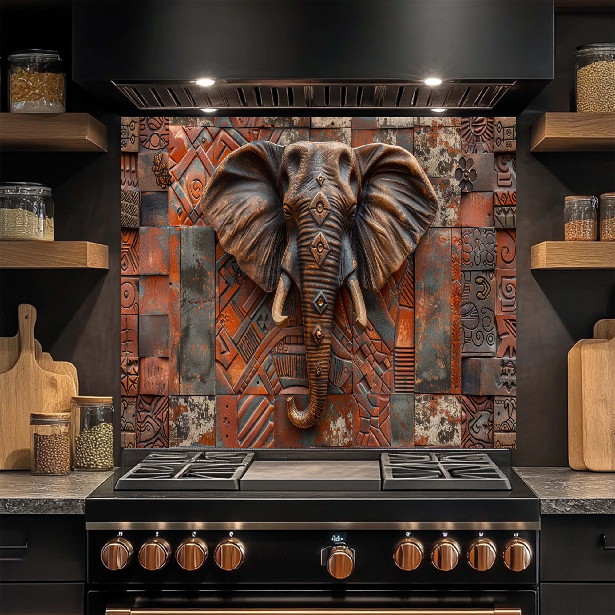 Tribal Elephant – Tempered Glass Backsplash | African Ethnic Pattern Kitchen Backsplash