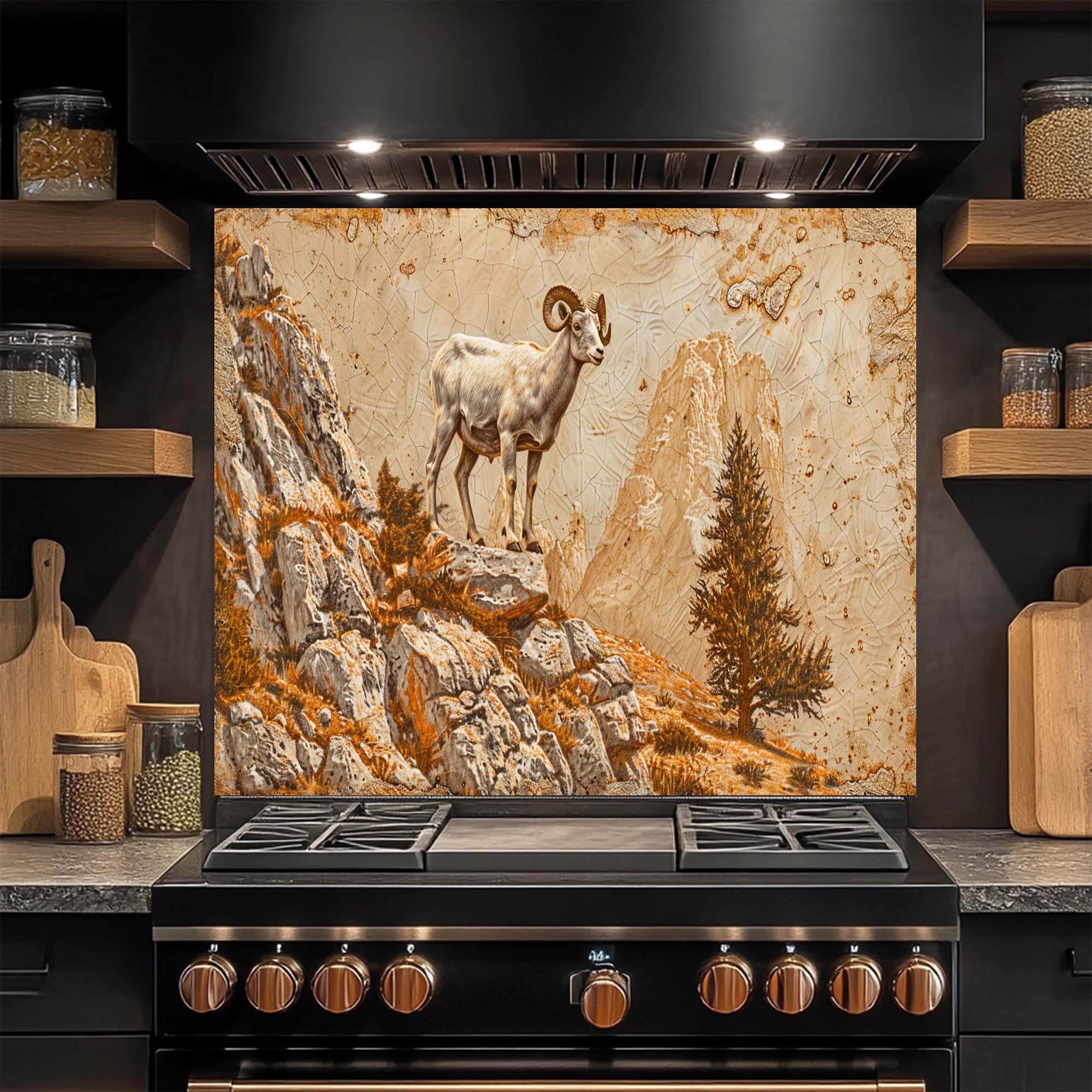 Mountain Pride – Protector contra salpicaduras de vidrio templado para cocina | Protector contra salpicaduras de carnero salvaje en acantilado rocoso