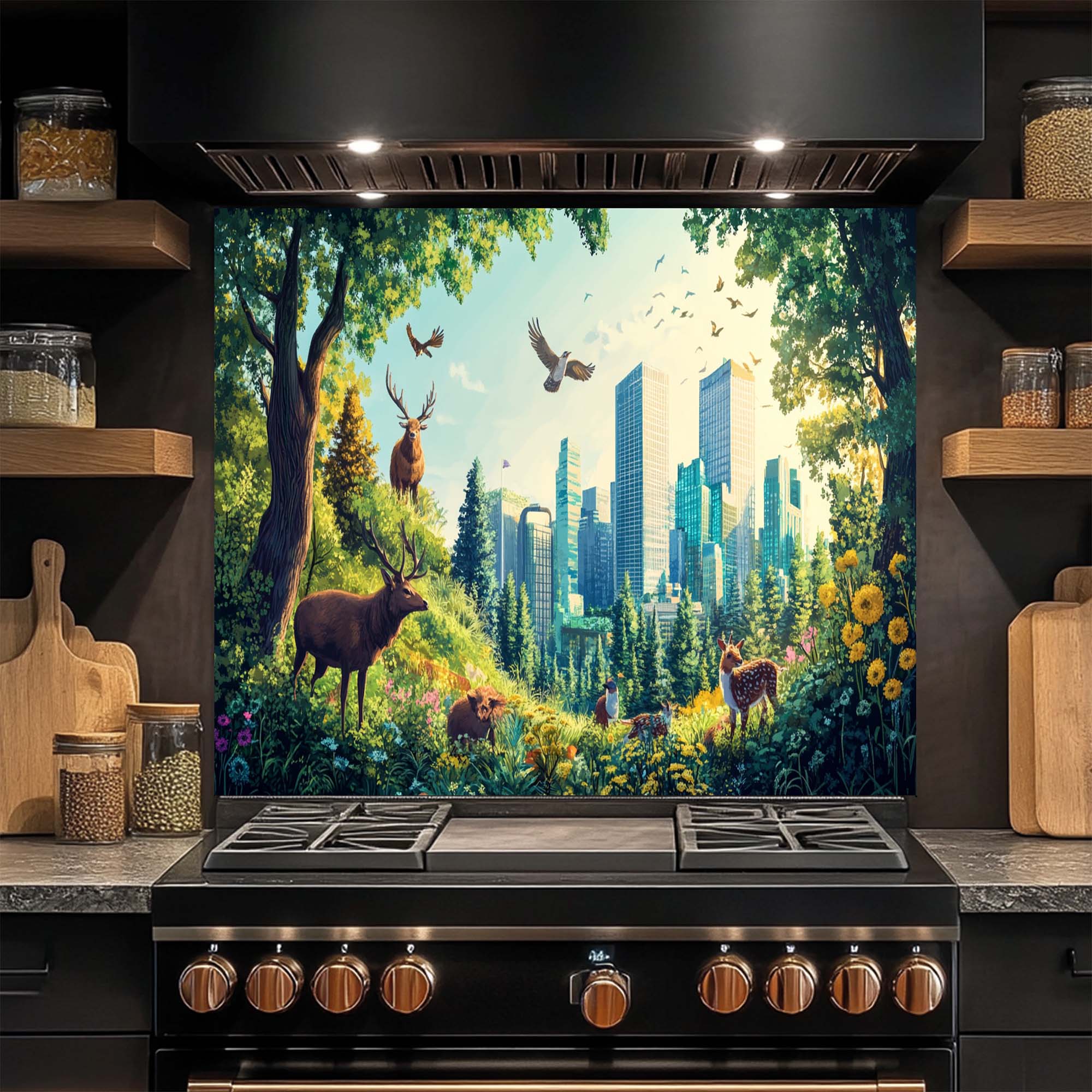 Emerald Haven – Salpicadero de Cristal Templado para Cocina | Salpicadero Vibrante de Bosque Urbano
