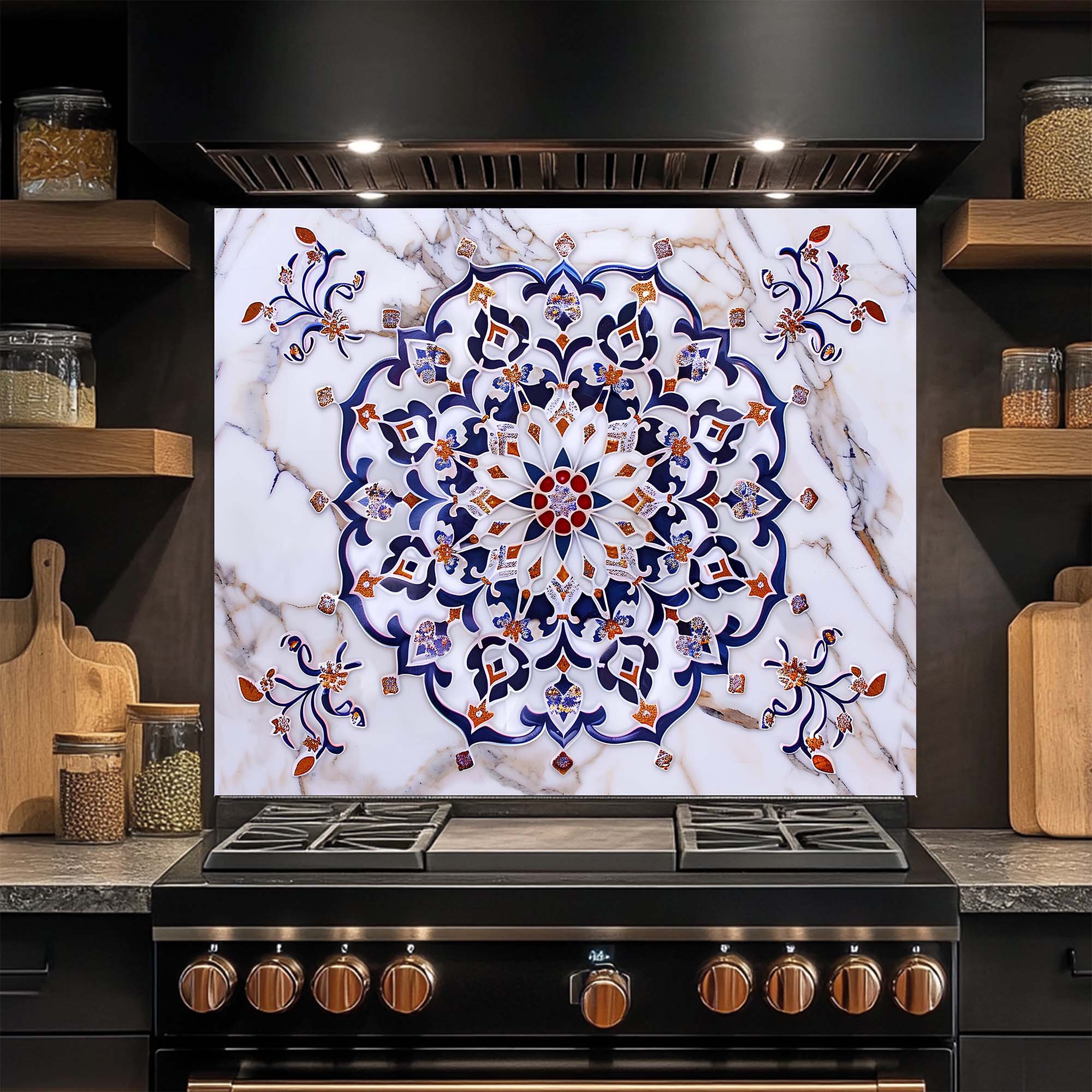 Mosaico Imperial – Salpicadero de cristal templado para cocina – Salpicadero Mandala Azul y Oro