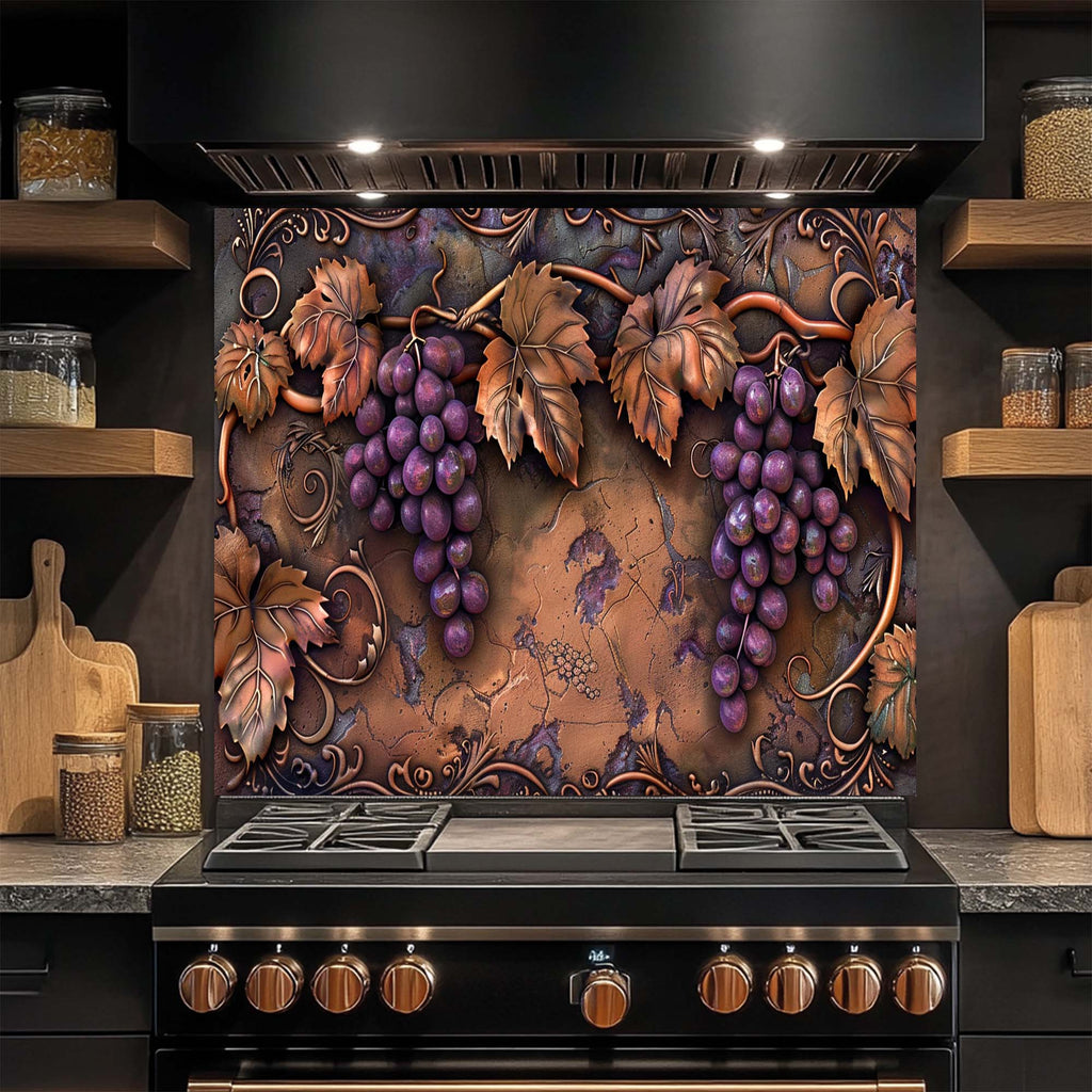 Tuscan Grape – Tempered Glass Backsplash for Kitchen | Copper Look Vineyard Backsplash
