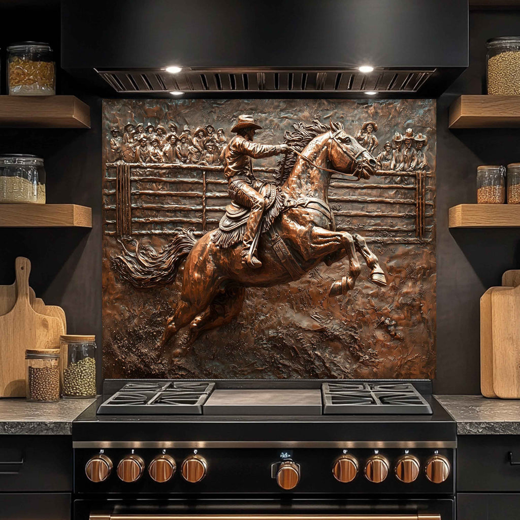 Western Tempered Glass Backsplash for Kitchen | Copper-Look Cowboy & Rodeo Scene