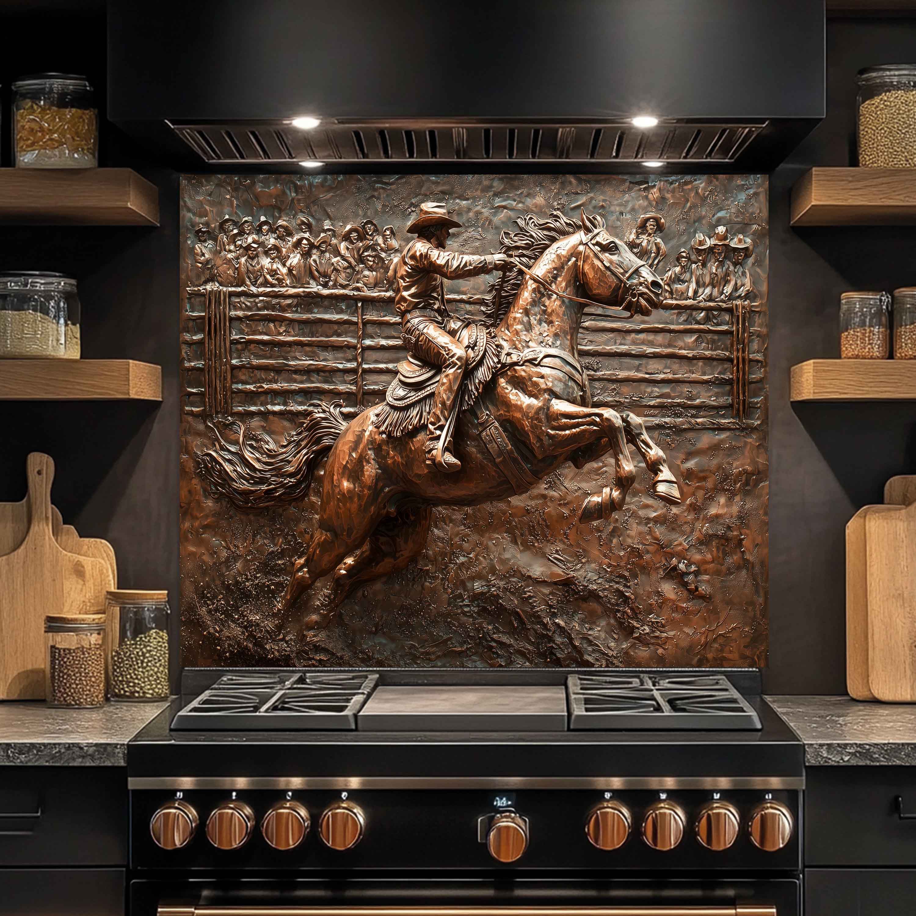 Western Tempered Glass Backsplash for Kitchen | Copper-Look Cowboy & Rodeo Scene