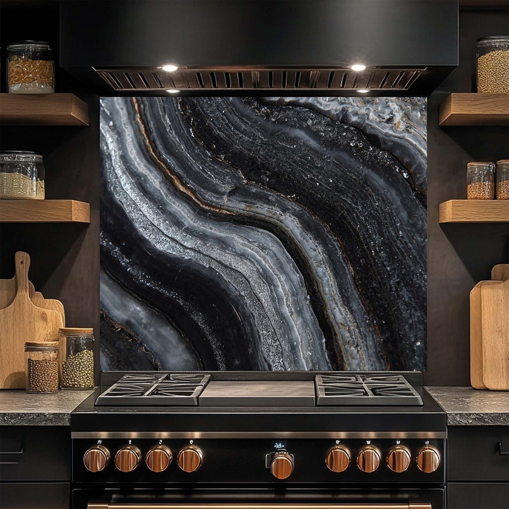 Vetas de Obsidiana – Salpicadero de Vidrio Templado para Cocina | Salpicadero Monocromático de Lujo