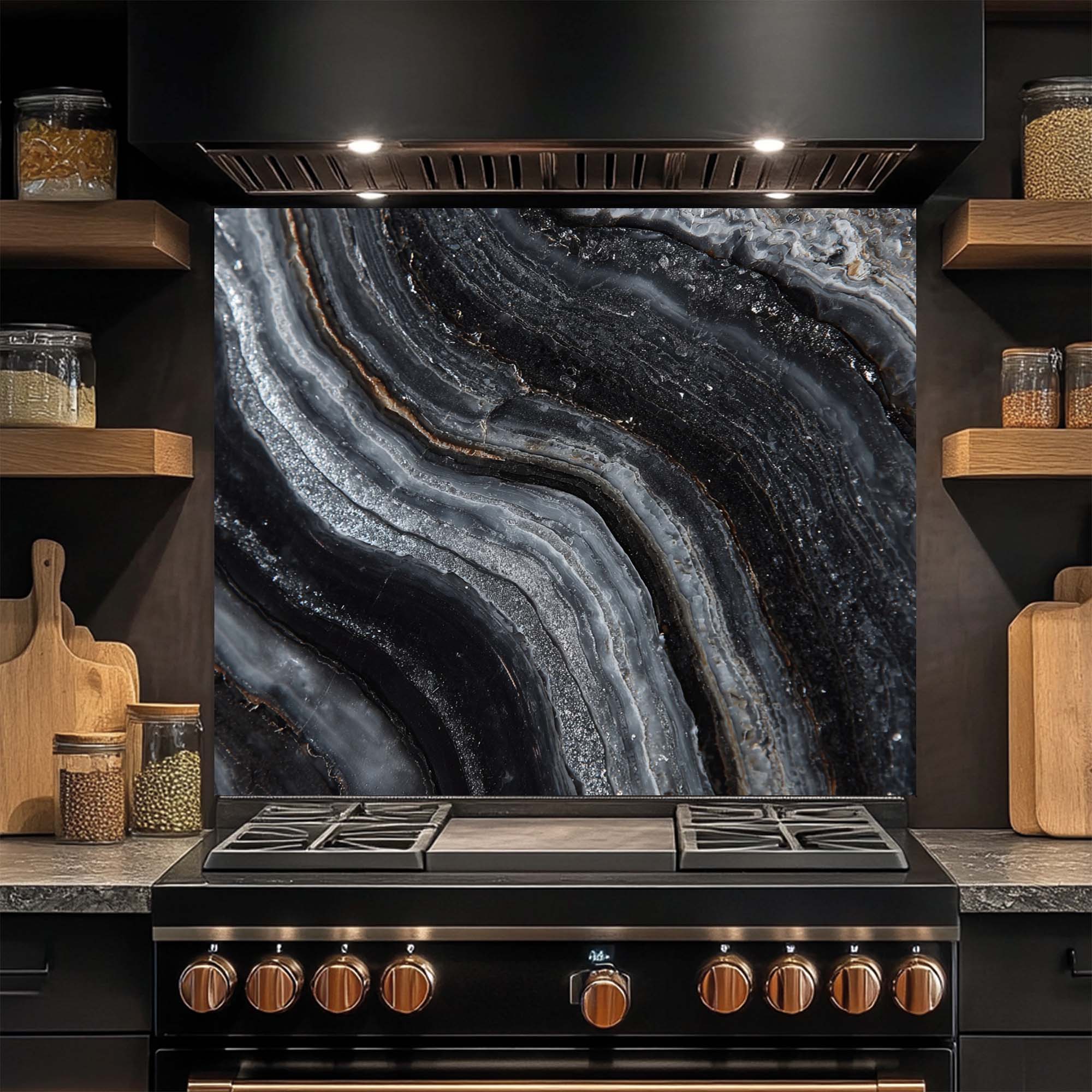 Vetas de Obsidiana – Salpicadero de Vidrio Templado para Cocina | Salpicadero Monocromático de Lujo
