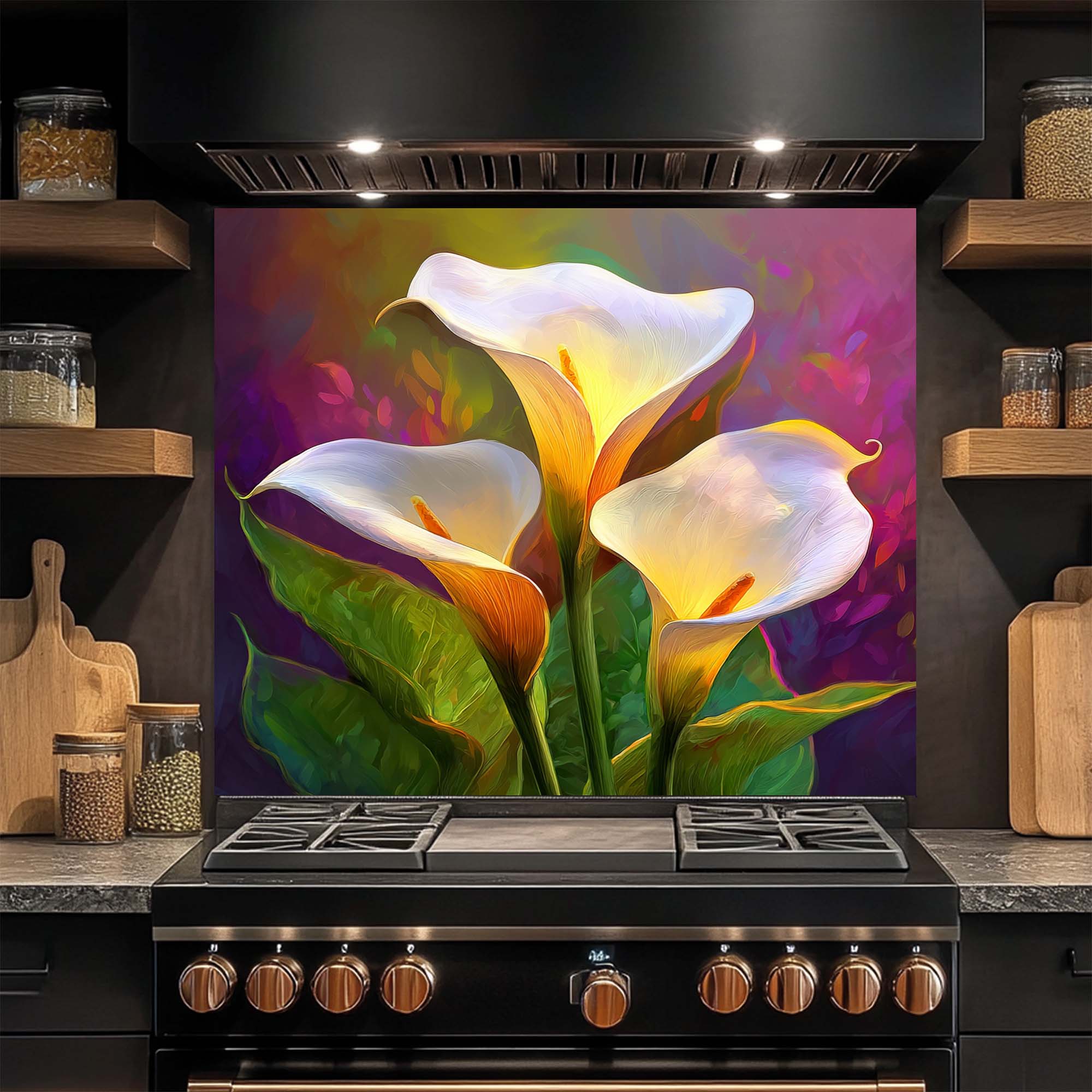 Luminous Calla Bloom – Tempered Glass Backsplash for Kitchen | Glowing Floral Backsplash