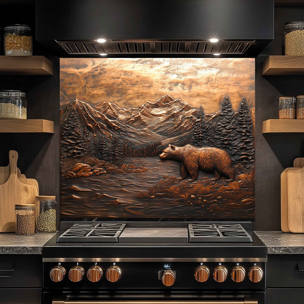 Panel antisalpicaduras de vidrio templado Valley Watcher – Panel antisalpicaduras de cocina con oso en la montaña