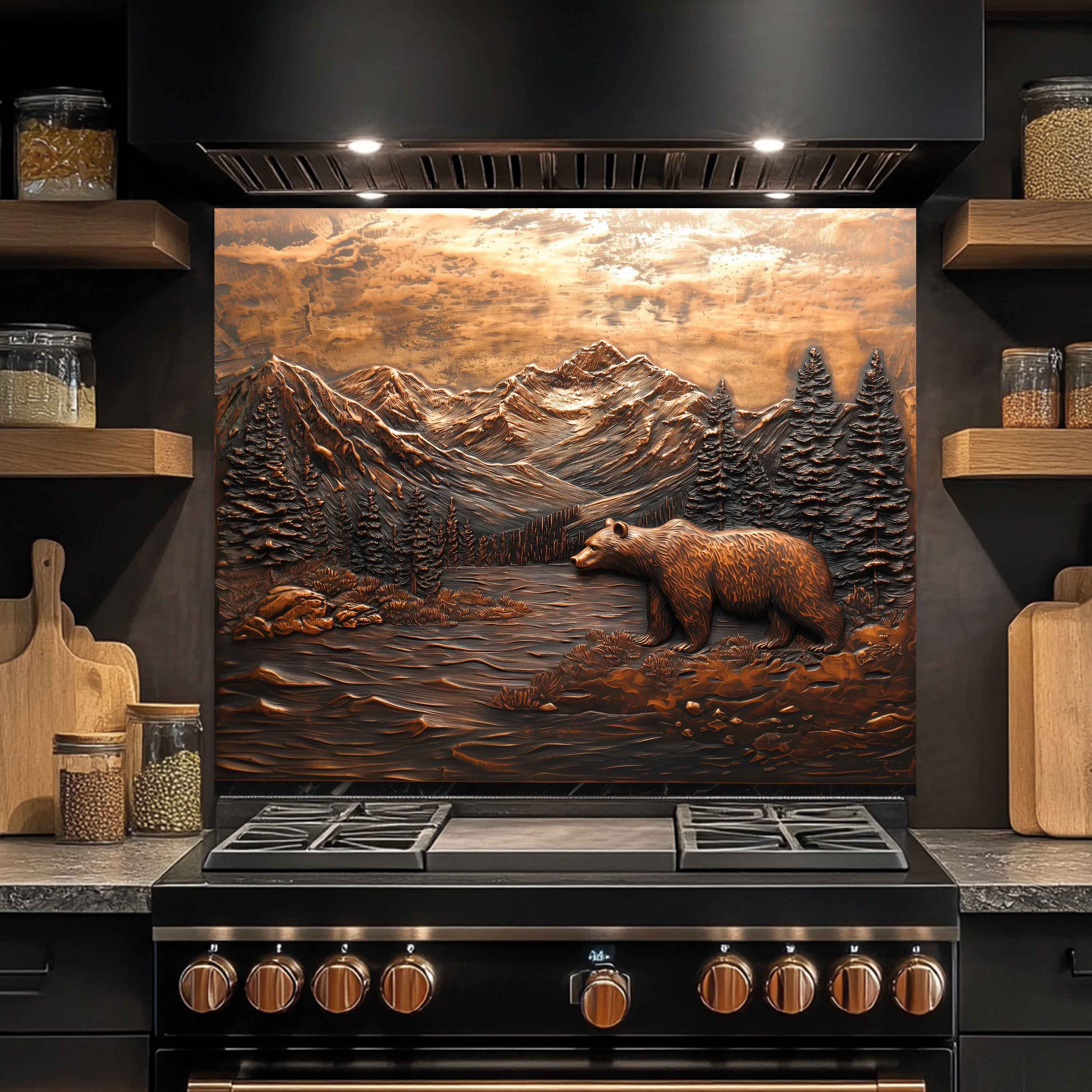 Panel antisalpicaduras de vidrio templado Valley Watcher – Panel antisalpicaduras de cocina con oso en la montaña