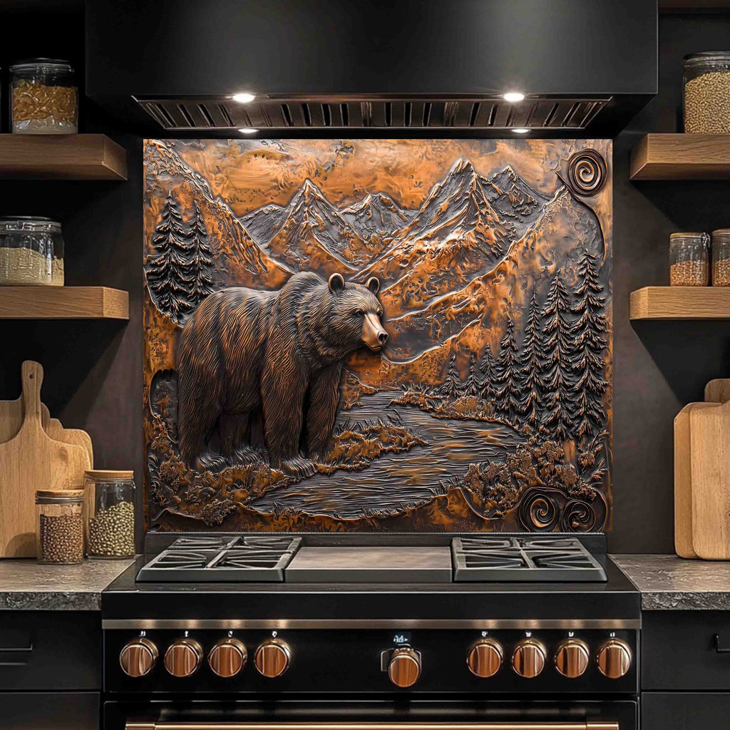 Salpicadero de Cristal Templado Estilo Rústico – Panel de Cocina Oso y Río de Montaña