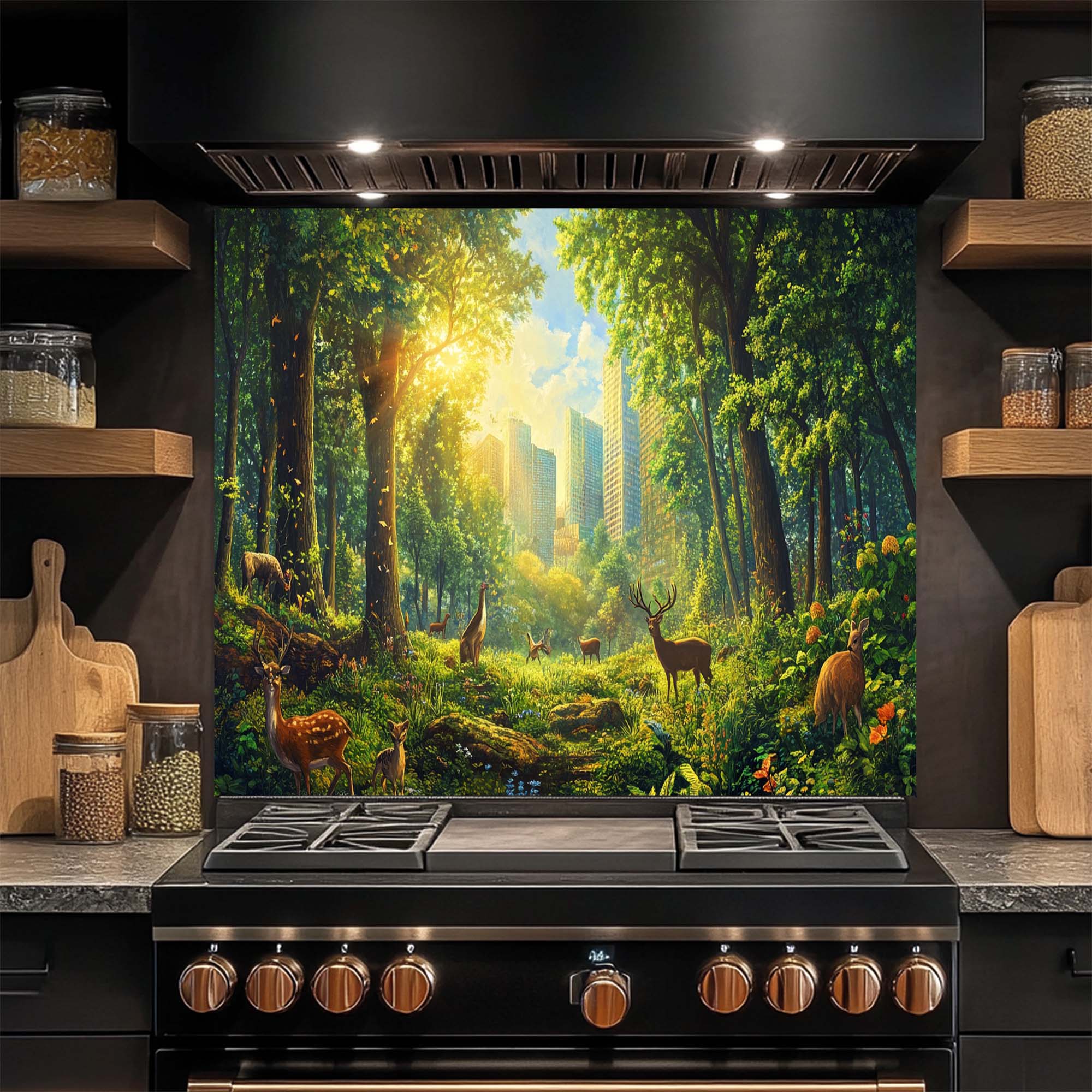 Urban Eden – Tempered Glass Backsplash for Kitchen | Nature & Urban Contrast Backsplash
