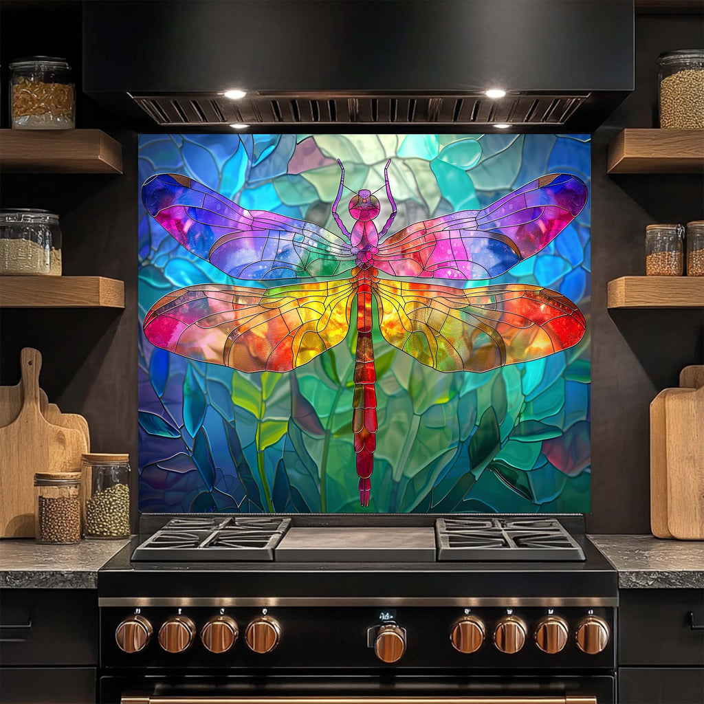 Libélula Arcoíris – Salpicadero de cristal templado para cocina – Salpicadero efecto vidriera