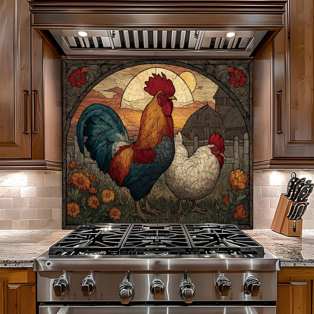 Tempered Glass Backsplash for Kitchen | Vintage Rooster and Hen Farm Design