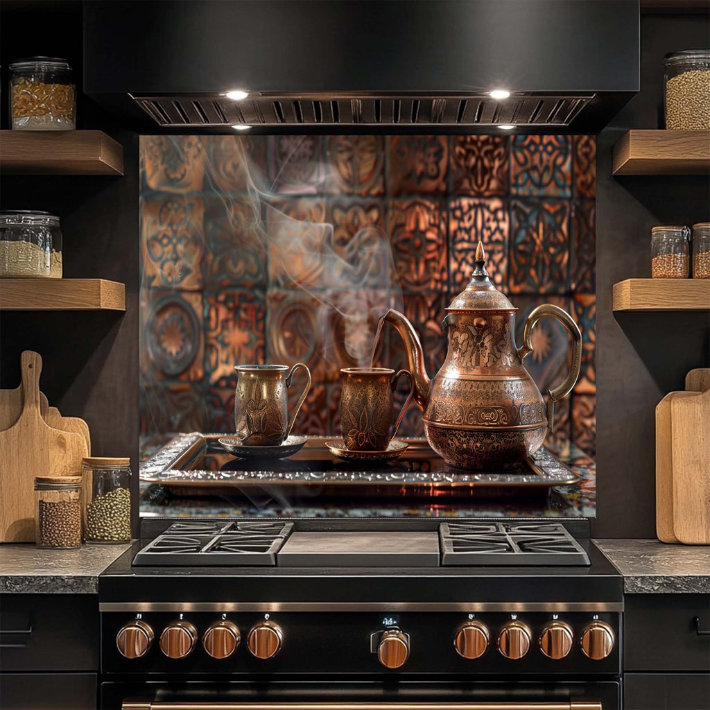 Copper Coffee Ritual – Tempered Glass Backsplash | Turkish Coffee Set Kitchen Backsplash