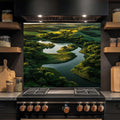 Emerald Flow – Tempered Glass Backsplash for Kitchen | Serene River Landscape Backsplash