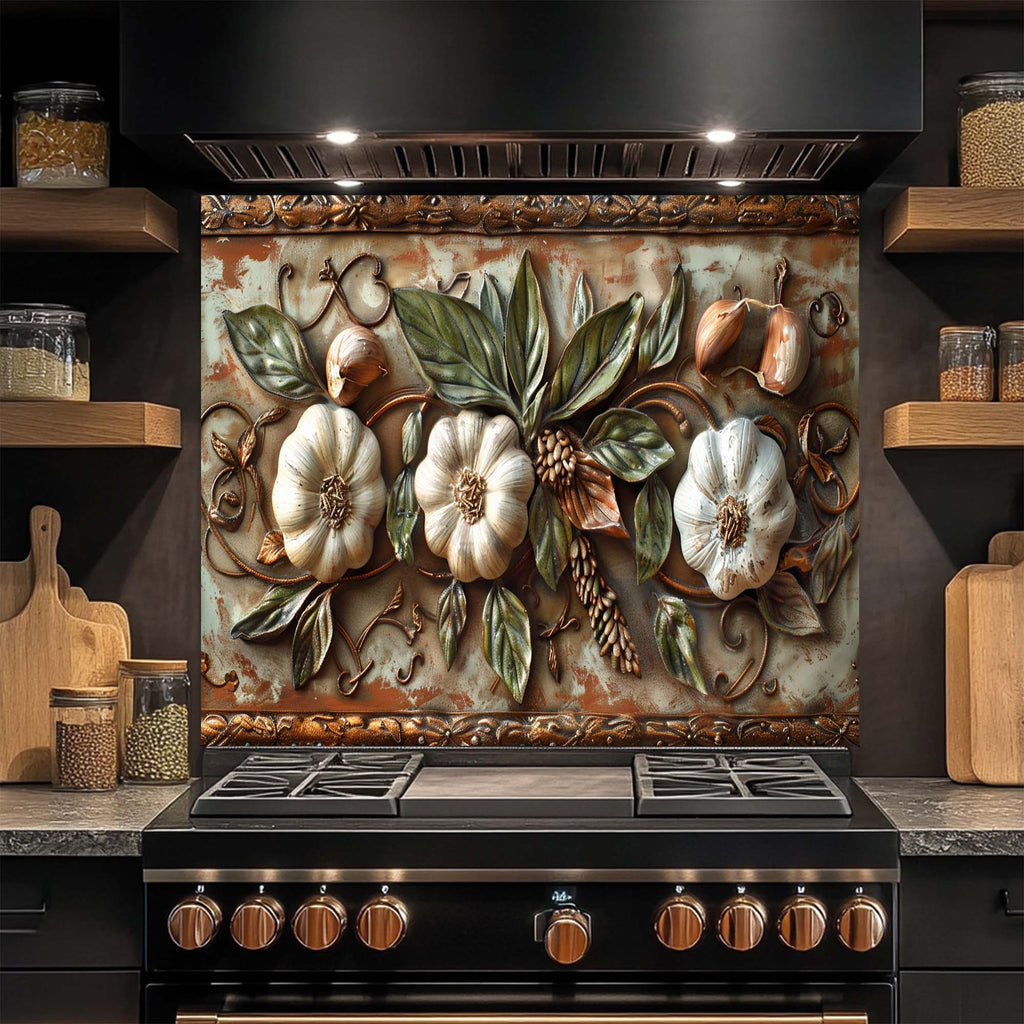 Salpicadero de cristal templado Tuscan Garlic Garden para cocina | Salpicadero con diseño de ajos y hojas